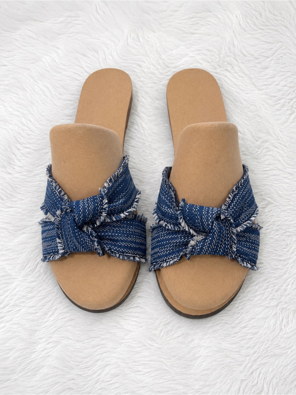 Rothy’s Indigo Fringe Knot Slide Sandals